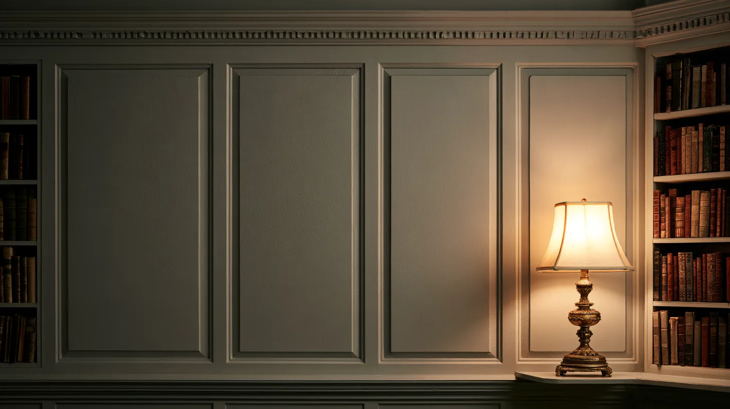 Bookshelves filled with books and a warm lamp casting soft light in a cozy setting.