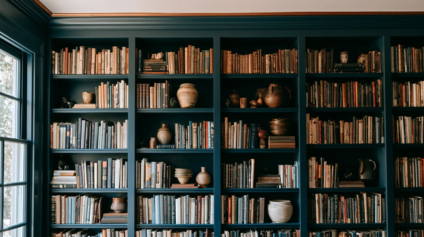 Bookshelves filled with various books and decorative pottery in a professional setting.