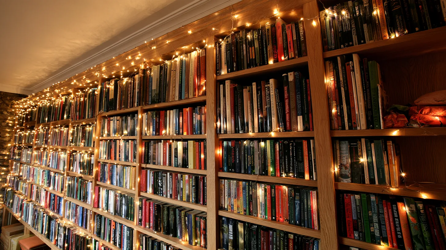 Bookshelves filled with various books, illuminated by soft string lights, creating a warm and inviting ambiance.