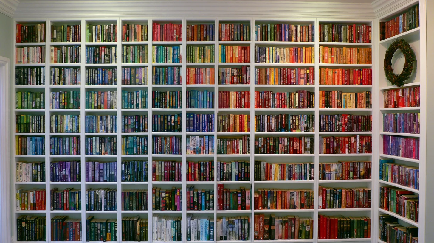 A colorful bookshelf filled with various books arranged neatly on white shelves.