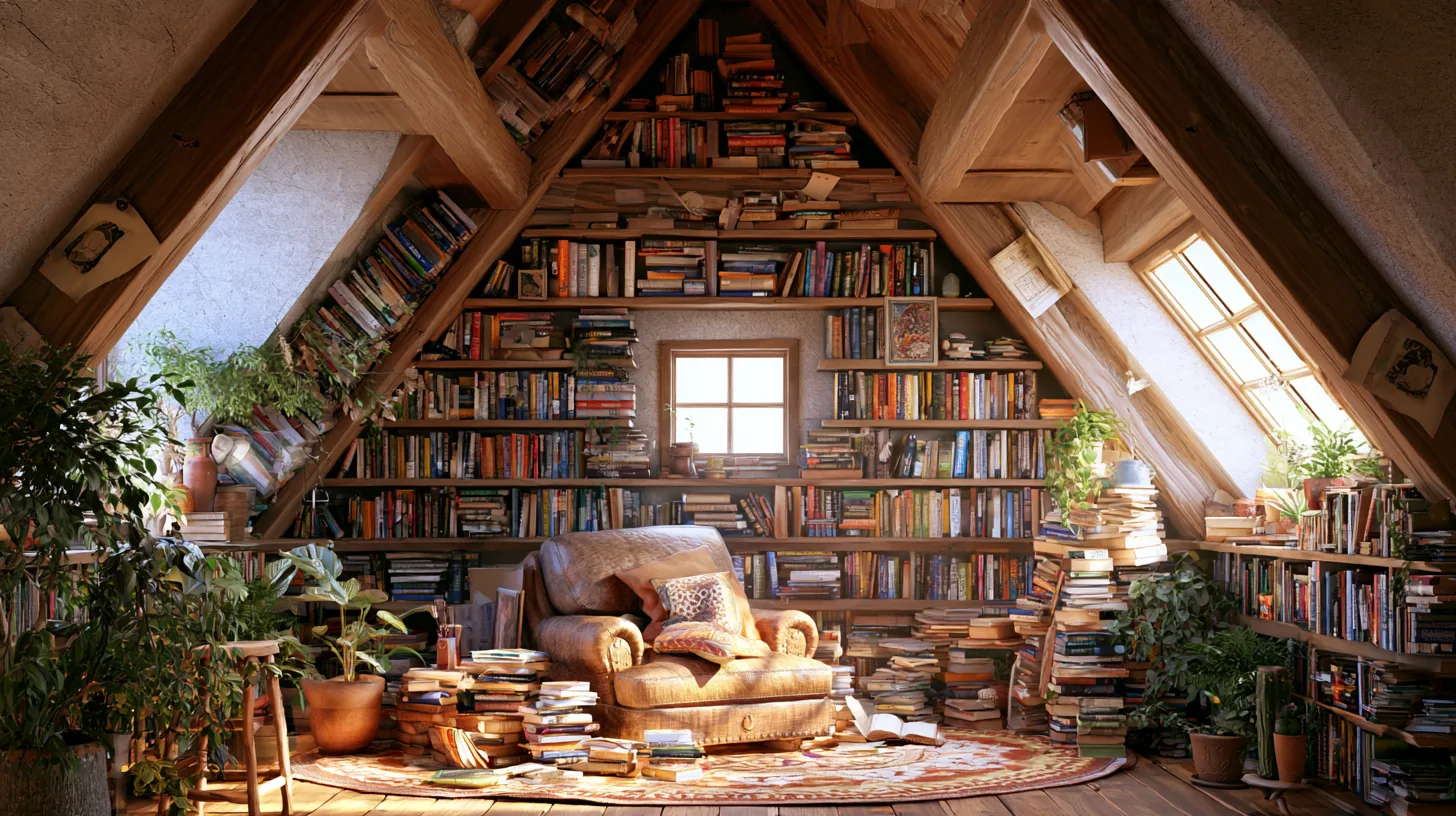 A cozy nook with a large bookshelf filled with books, a comfortable chair, and warm lighting, perfect for a professional setting.