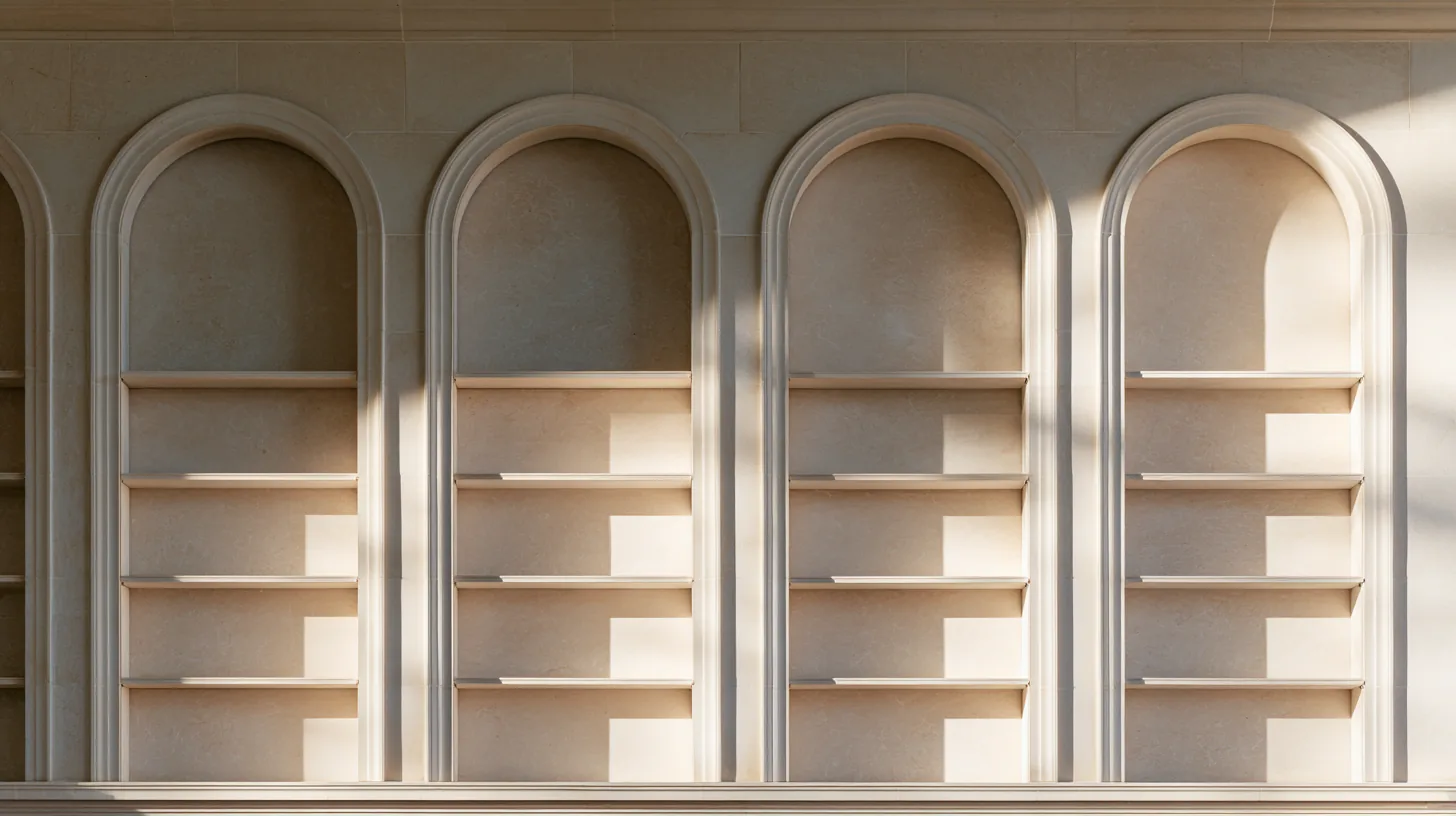 Elegant wall shelves with arched designs and soft shadows, providing a sophisticated backdrop for corporate settings.