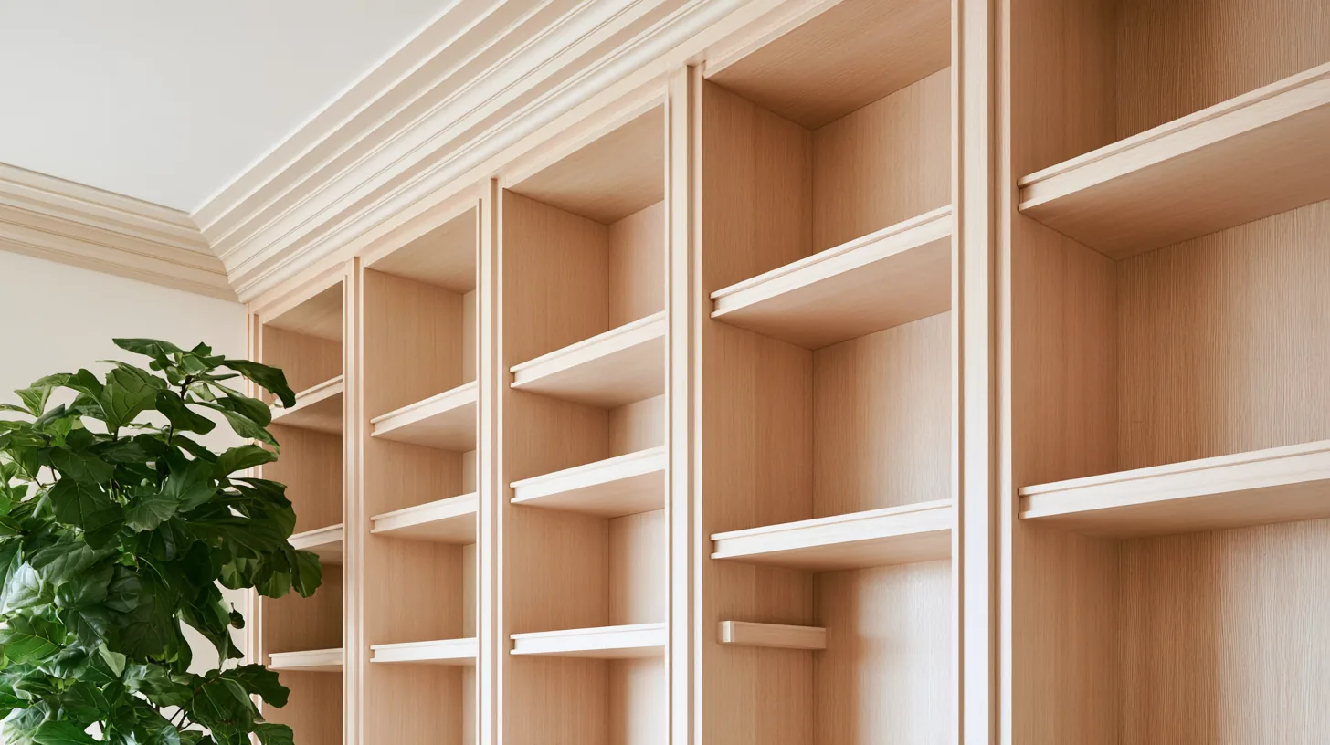 Light wood bookshelves with empty shelves and a green plant beside them, creating a warm and inviting atmosphere.