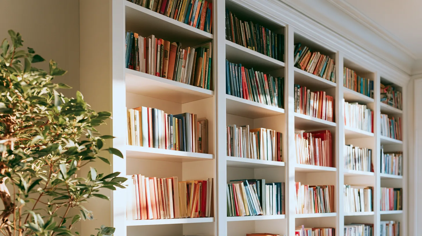 Neatly arranged colorful books on shelves with soft lighting, creating a warm and inviting atmosphere.