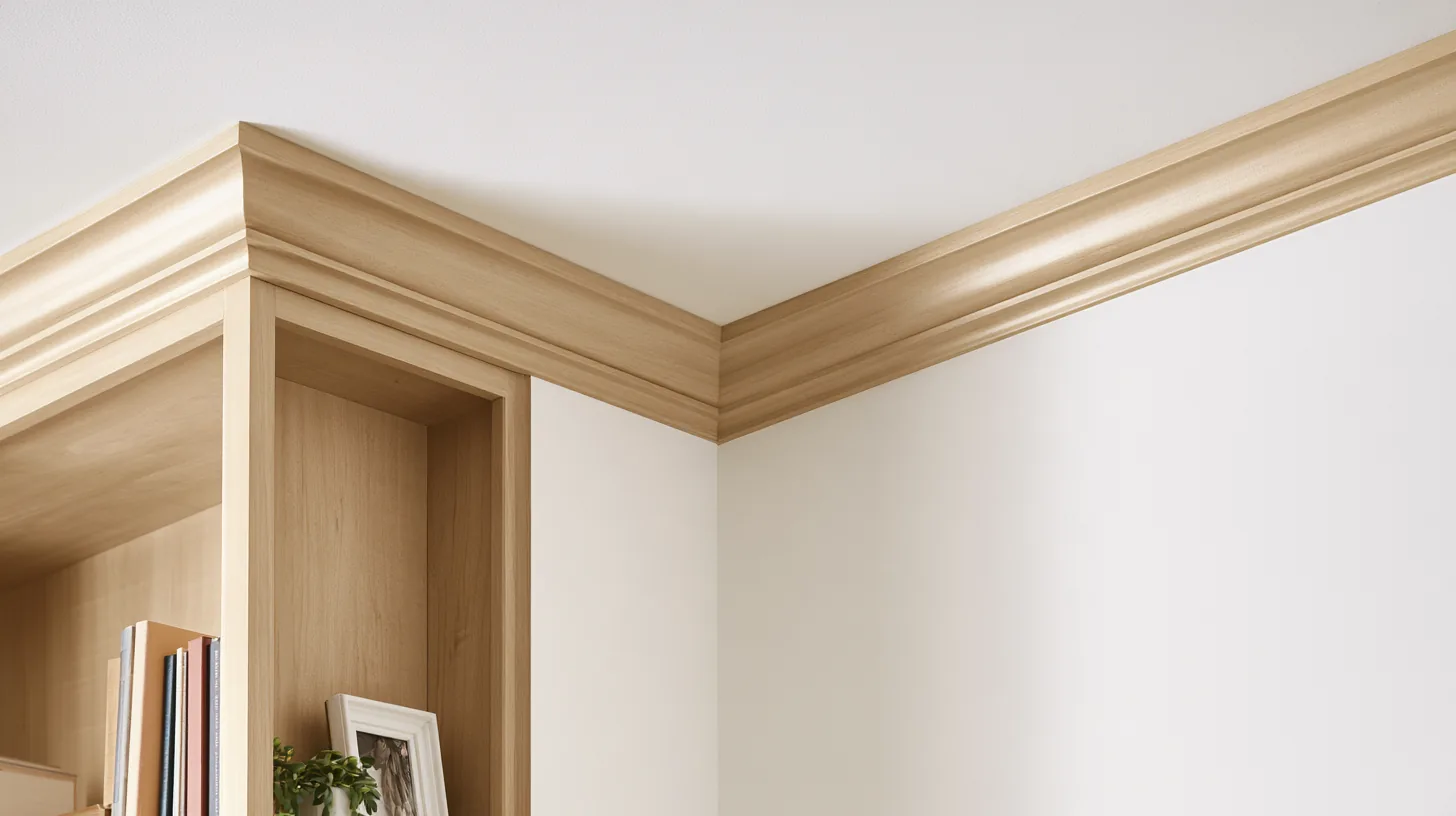 Neutral wall with wood trim in a corner setting, ideal for corporate video calls.