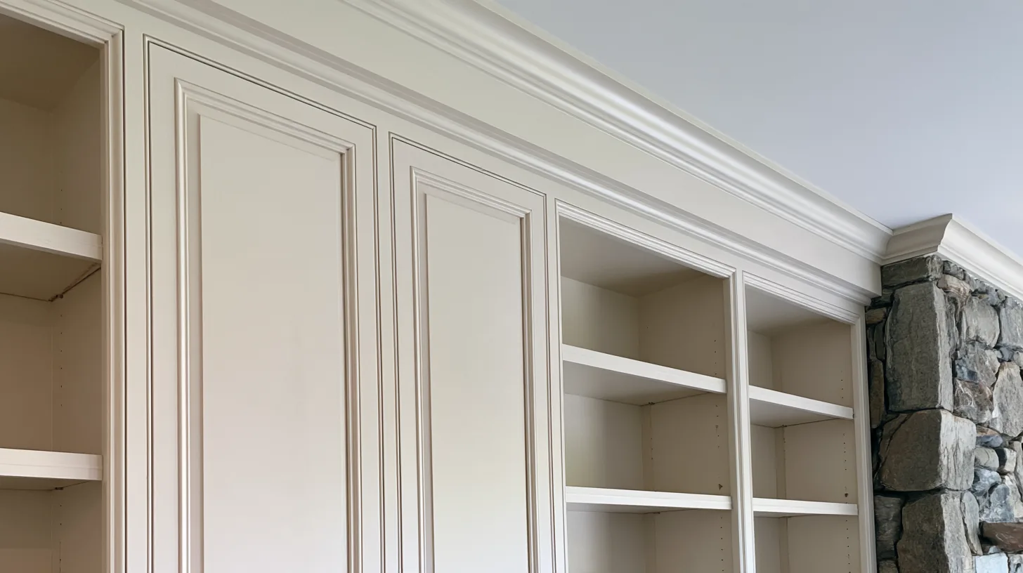 Refined wall shelves with subtle textures, providing a clean and professional setting for video calls.