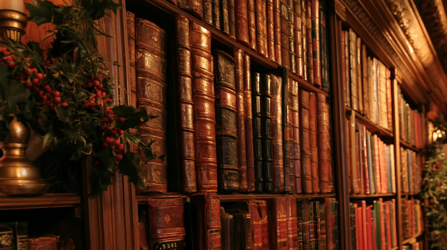 A richly detailed bookshelf filled with antique books, providing a warm and inviting atmosphere for professional settings.