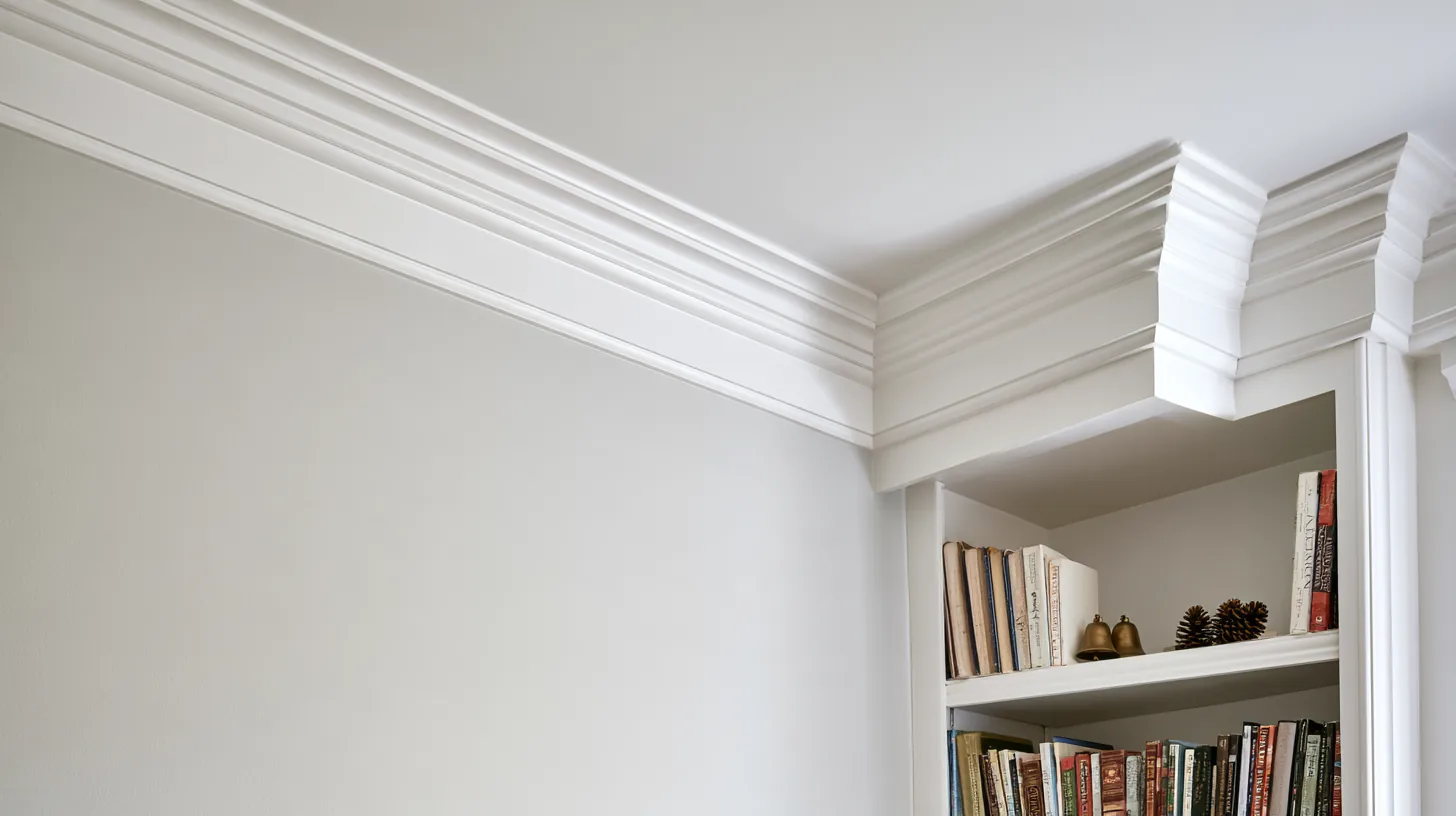 Stylish bookshelf corner with neatly arranged books and decorative items, designed for a professional setting.