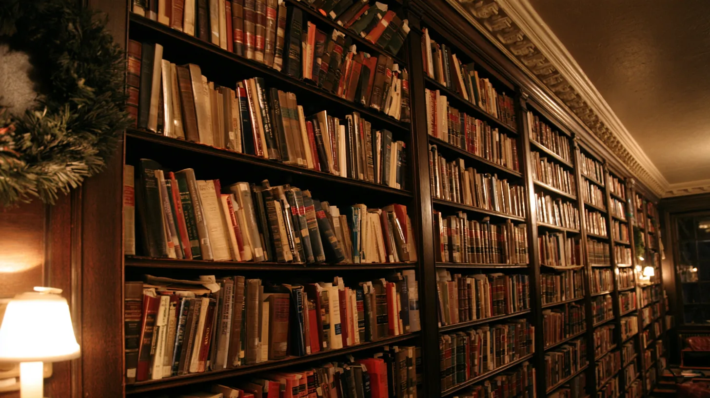 A wall of bookshelves filled with various books, creating a cozy and intellectual setting.