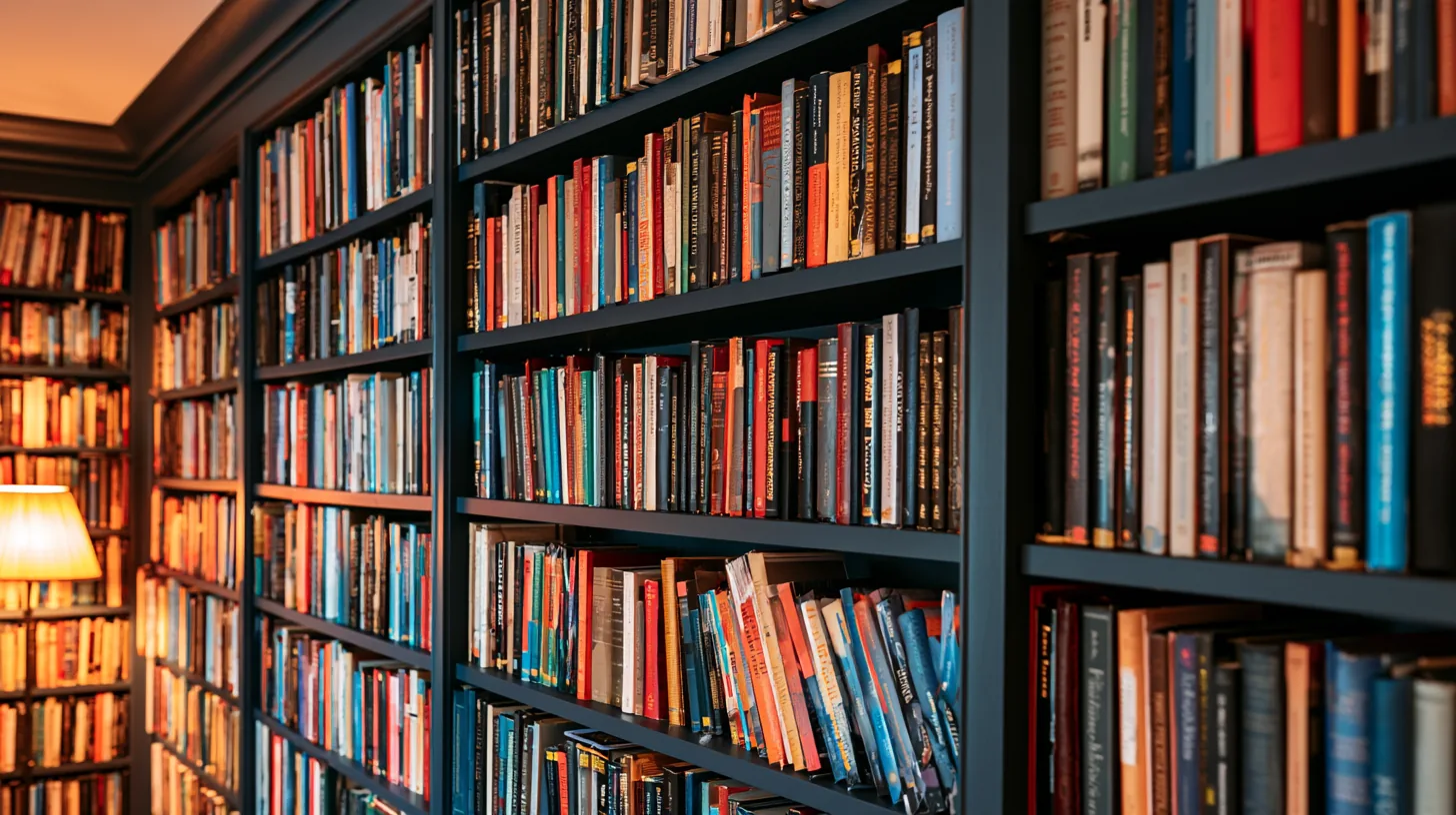 A wall of bookshelves filled with various books in different colors and sizes, complemented by a warm lamp.