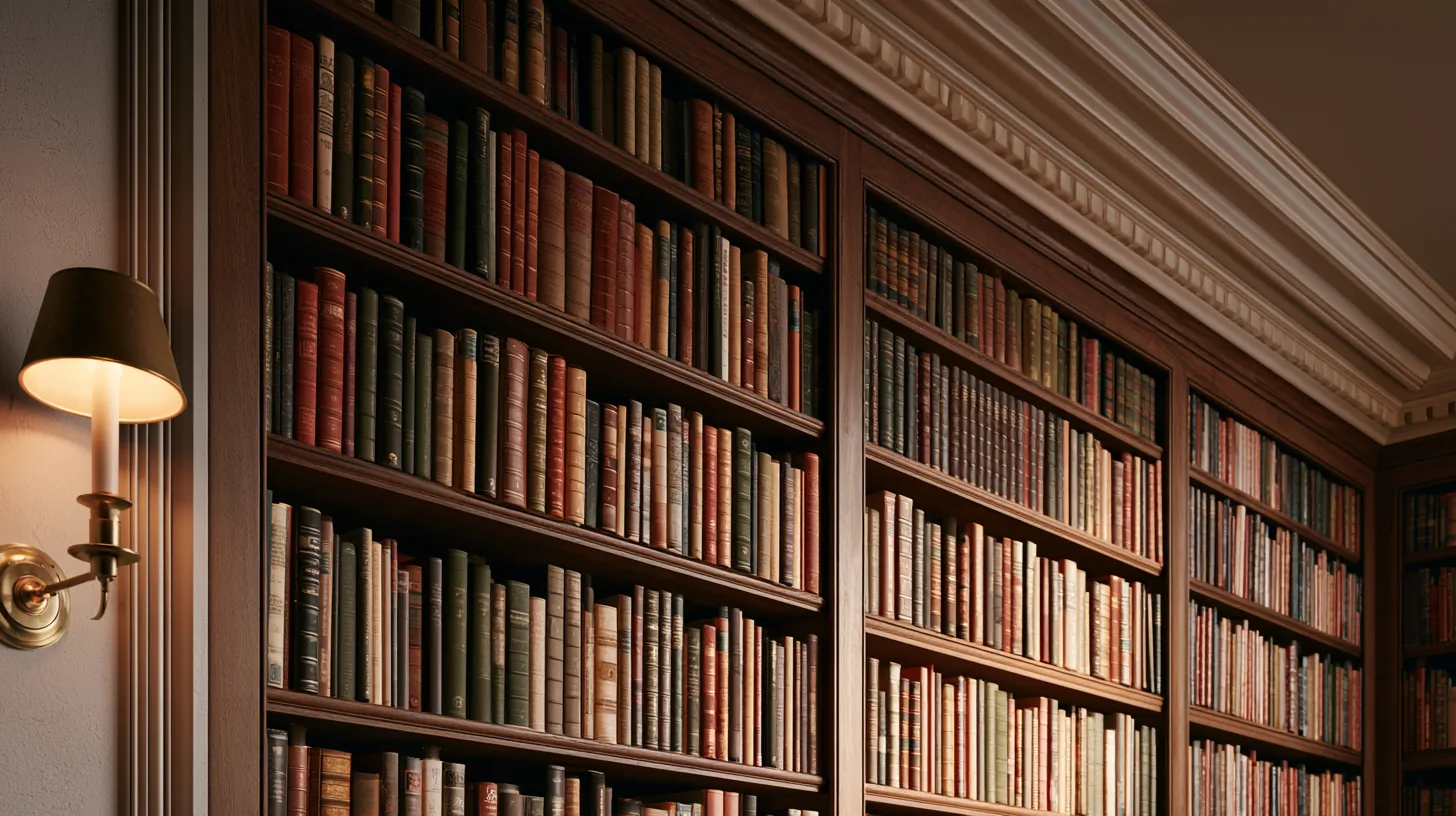 A wall of elegant bookshelves filled with various books, illuminated by a wall sconce, creating a warm and inviting atmosphere.