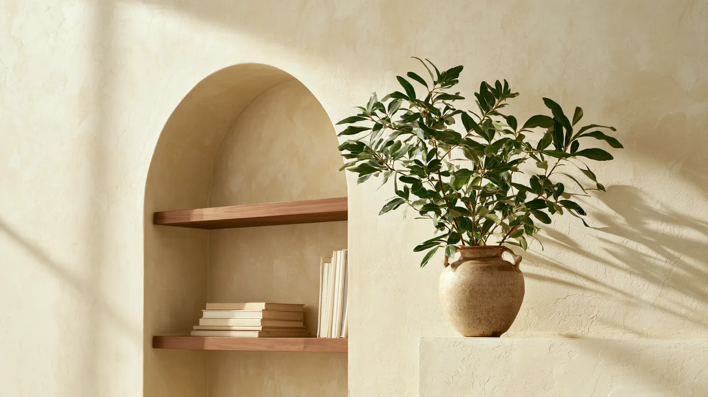 Warm neutral wall with minimalist wooden shelves holding books and a potted plant, designed for a professional setting.