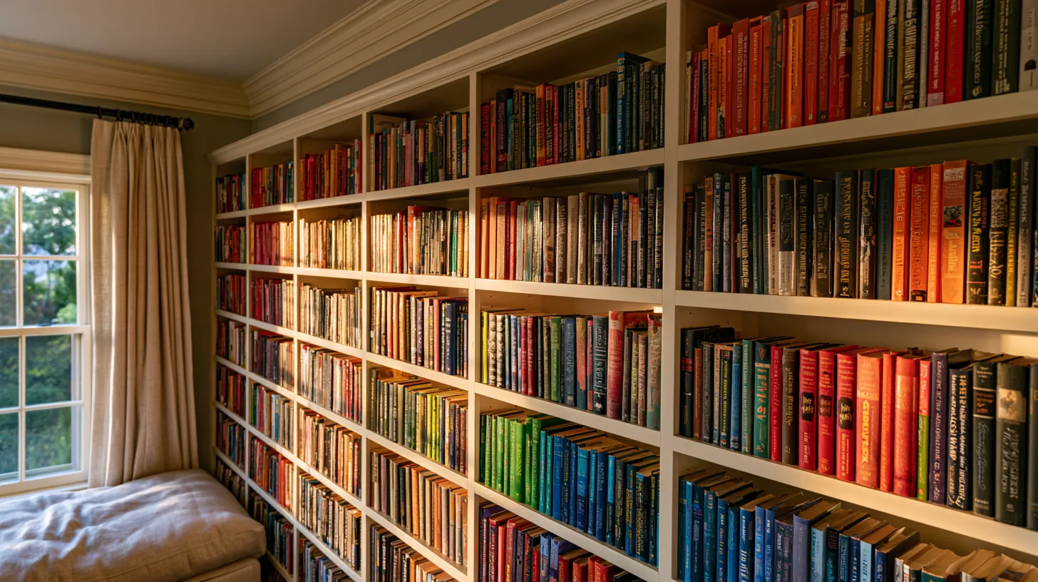 A well-organized bookshelf filled with books in various colors, providing a professional and inviting atmosphere.