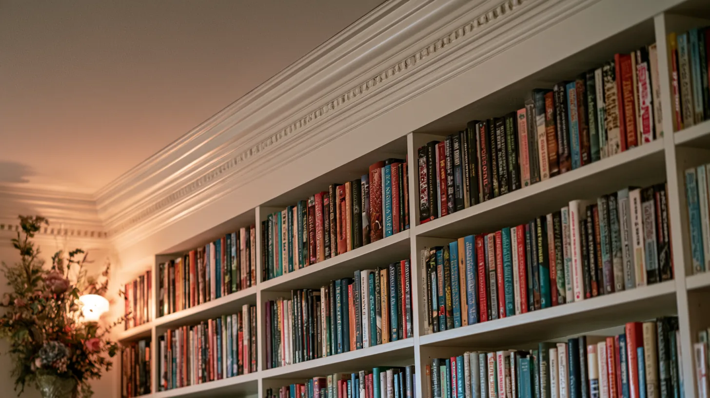 A well-organized bookshelf filled with colorful books and decorative elements, providing a refined setting for video calls.