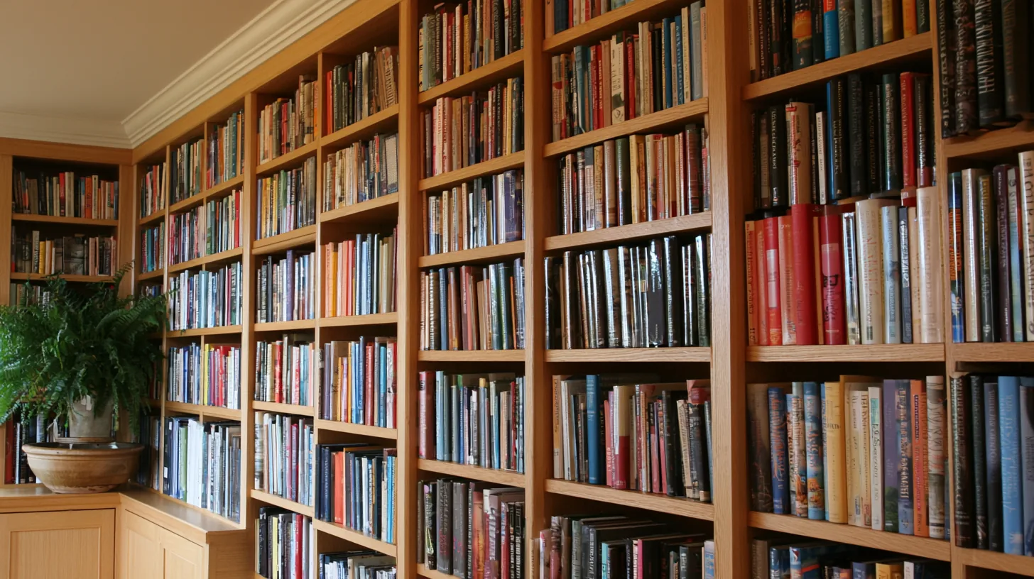 A well-organized bookshelf filled with various books, showcasing a blend of colors and sizes, with a plant in a pot on a wooden shelf.