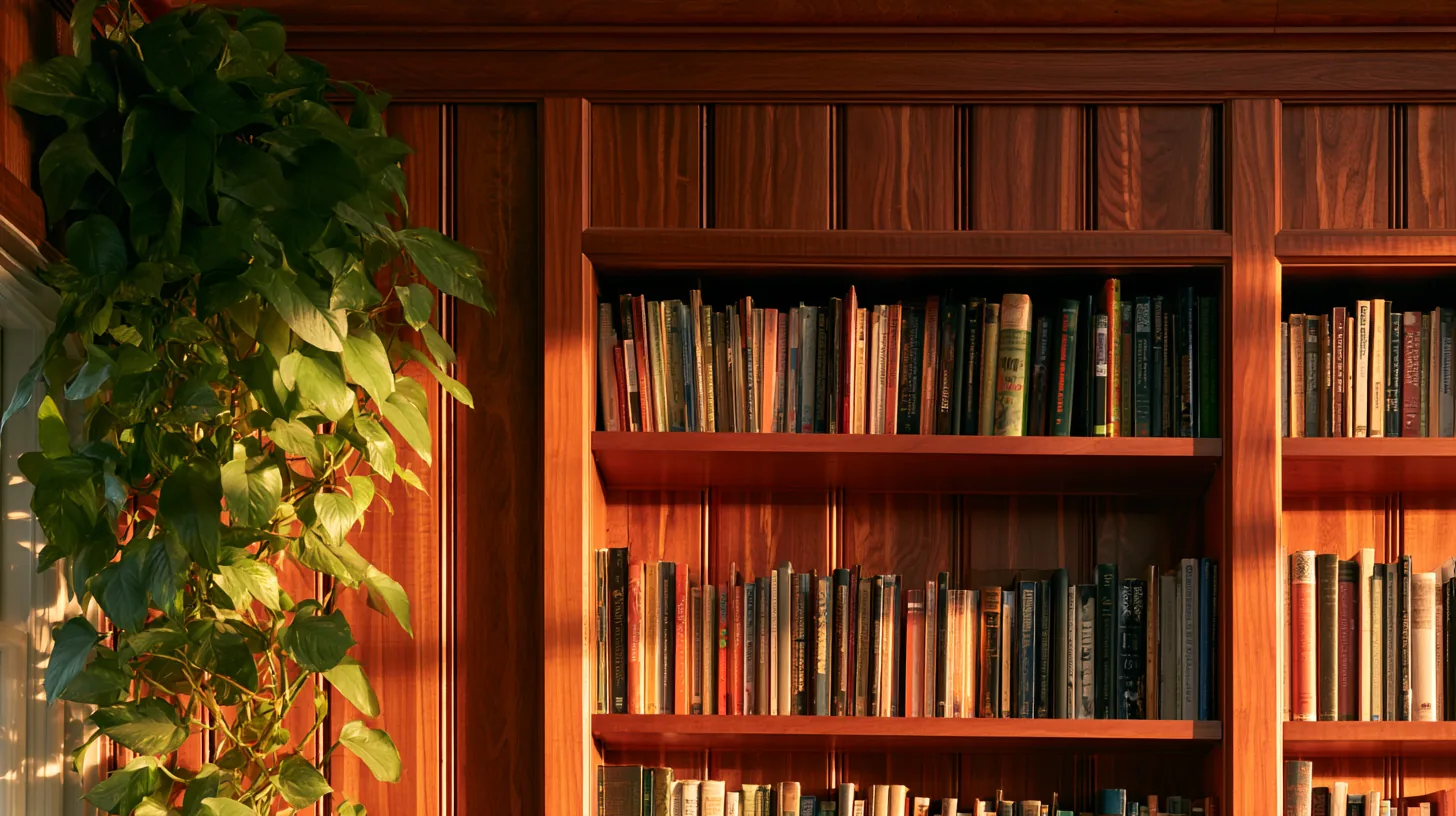 Wooden bookshelves filled with various books, complemented by a green plant, creating a warm and inviting setting.