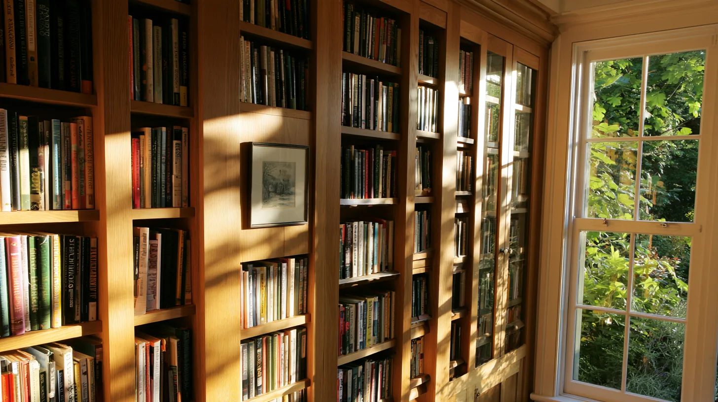 Wooden bookshelves filled with various books, illuminated by natural light from a nearby window.