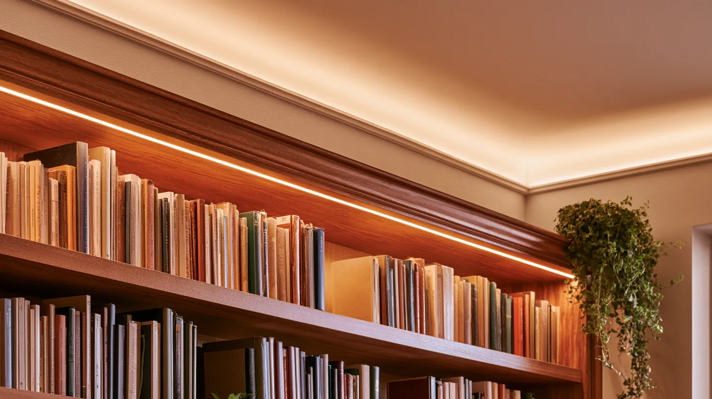 Wooden bookshelves filled with various books, softly lit with warm lighting and a touch of greenery.
