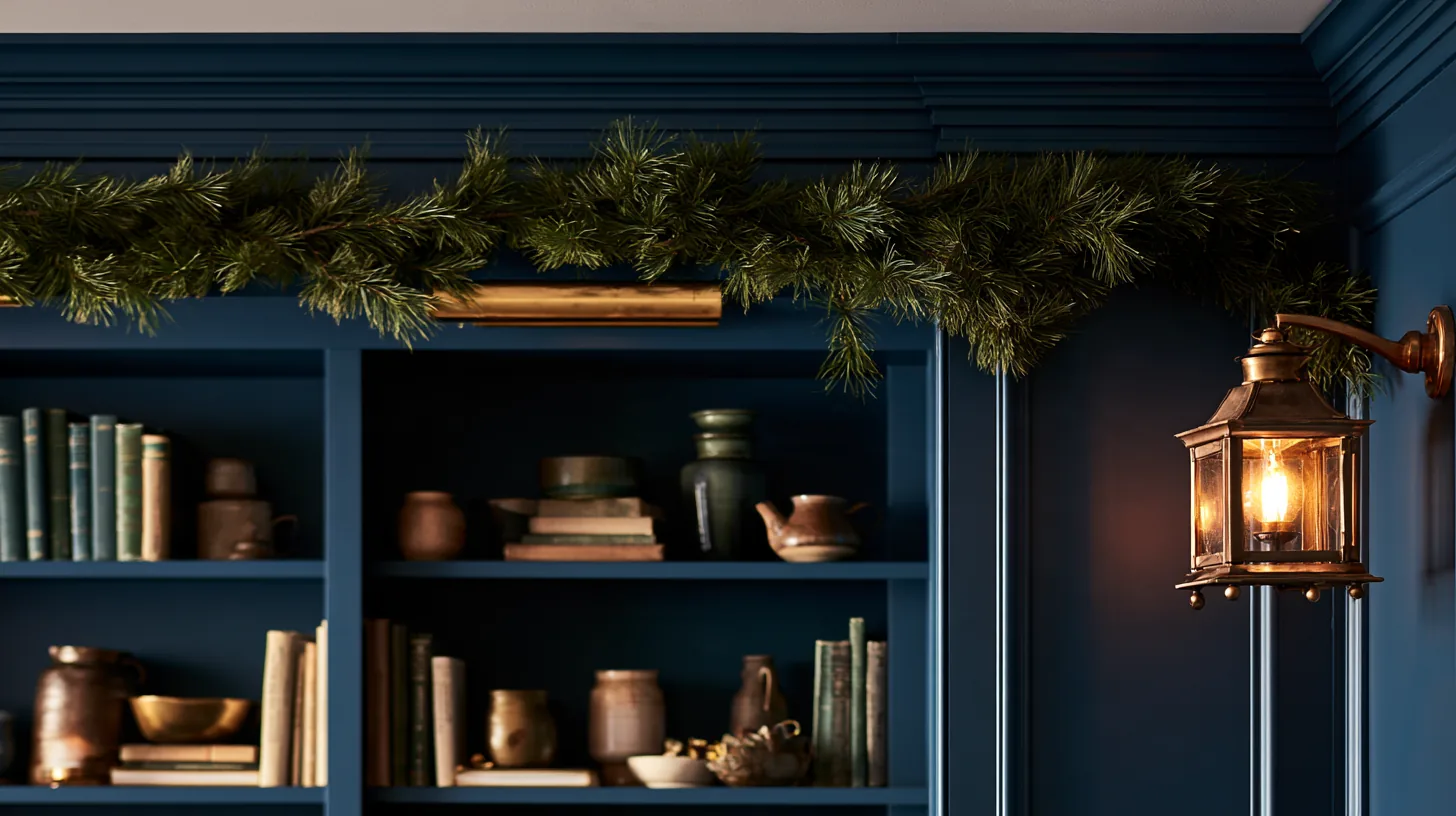 Blue bookshelf filled with books and decorative items, topped with holiday greenery and a lantern.
