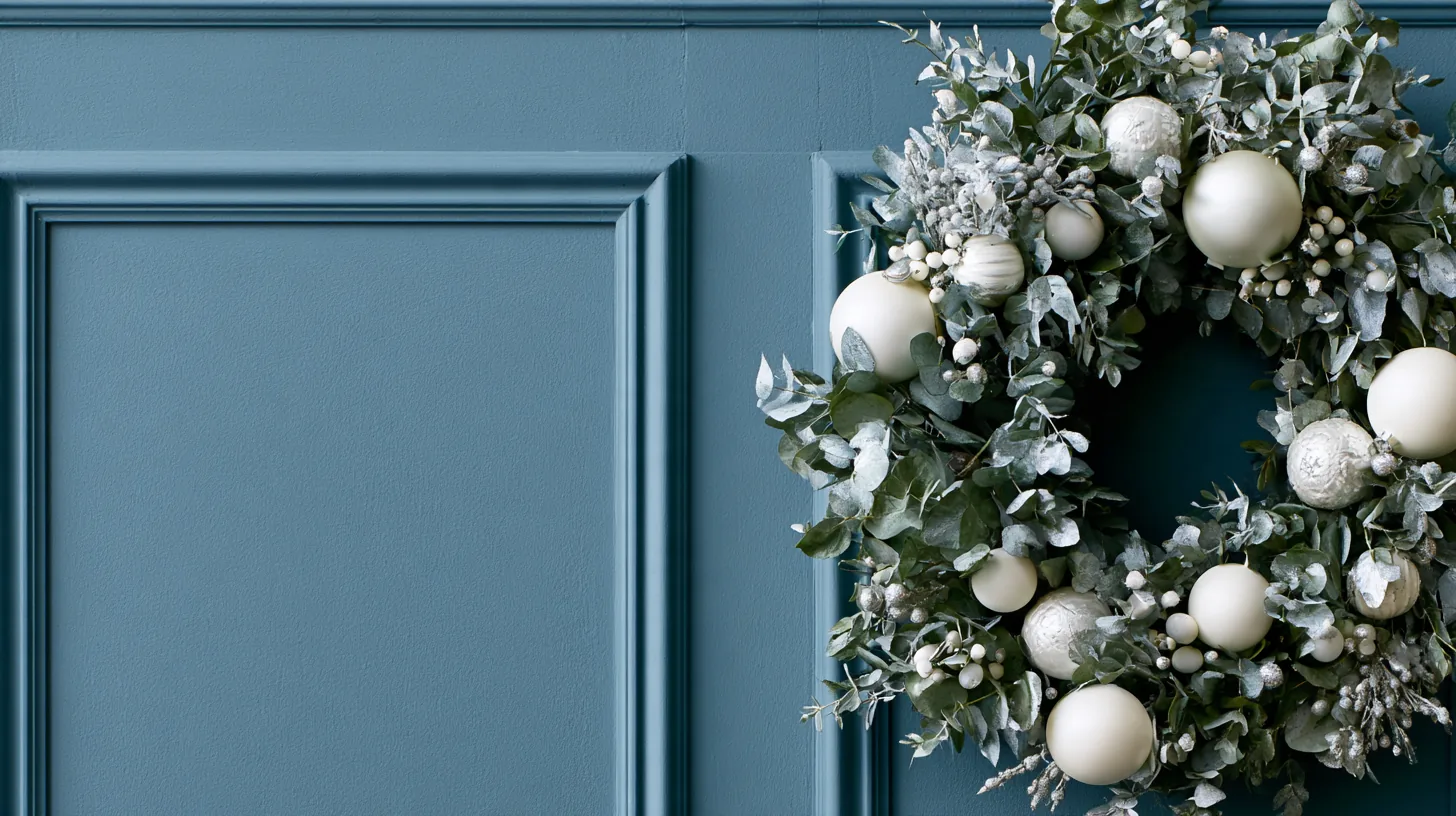 Blue wall with an elegant holiday wreath adorned with white ornaments and greenery.