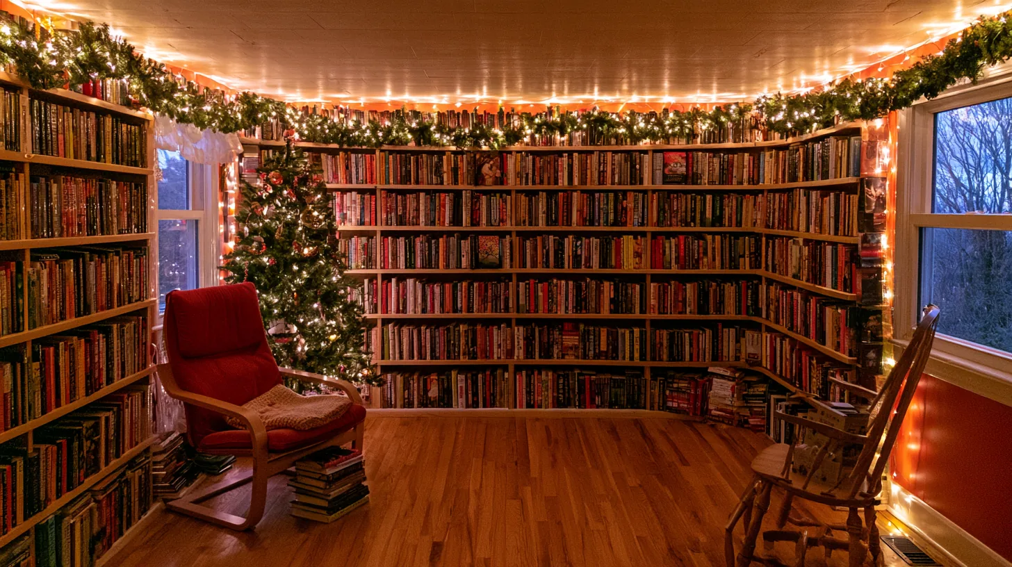 Bookshelves filled with books, decorated with Christmas lights and a tree, creating a cozy setting for video calls.
