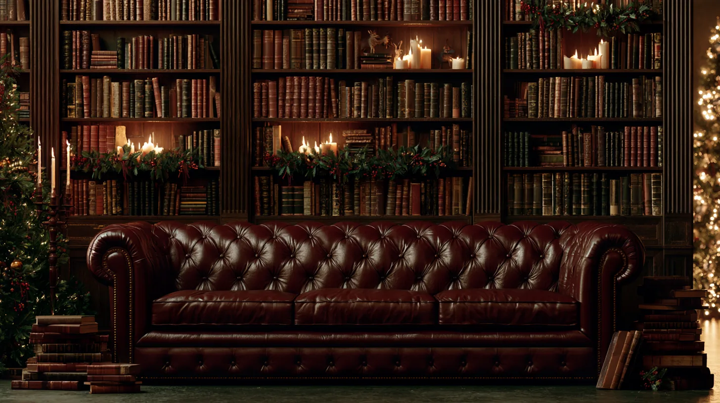 Bookshelves filled with books and decorative candles, featuring a cozy leather couch in front, styled for Christmas.