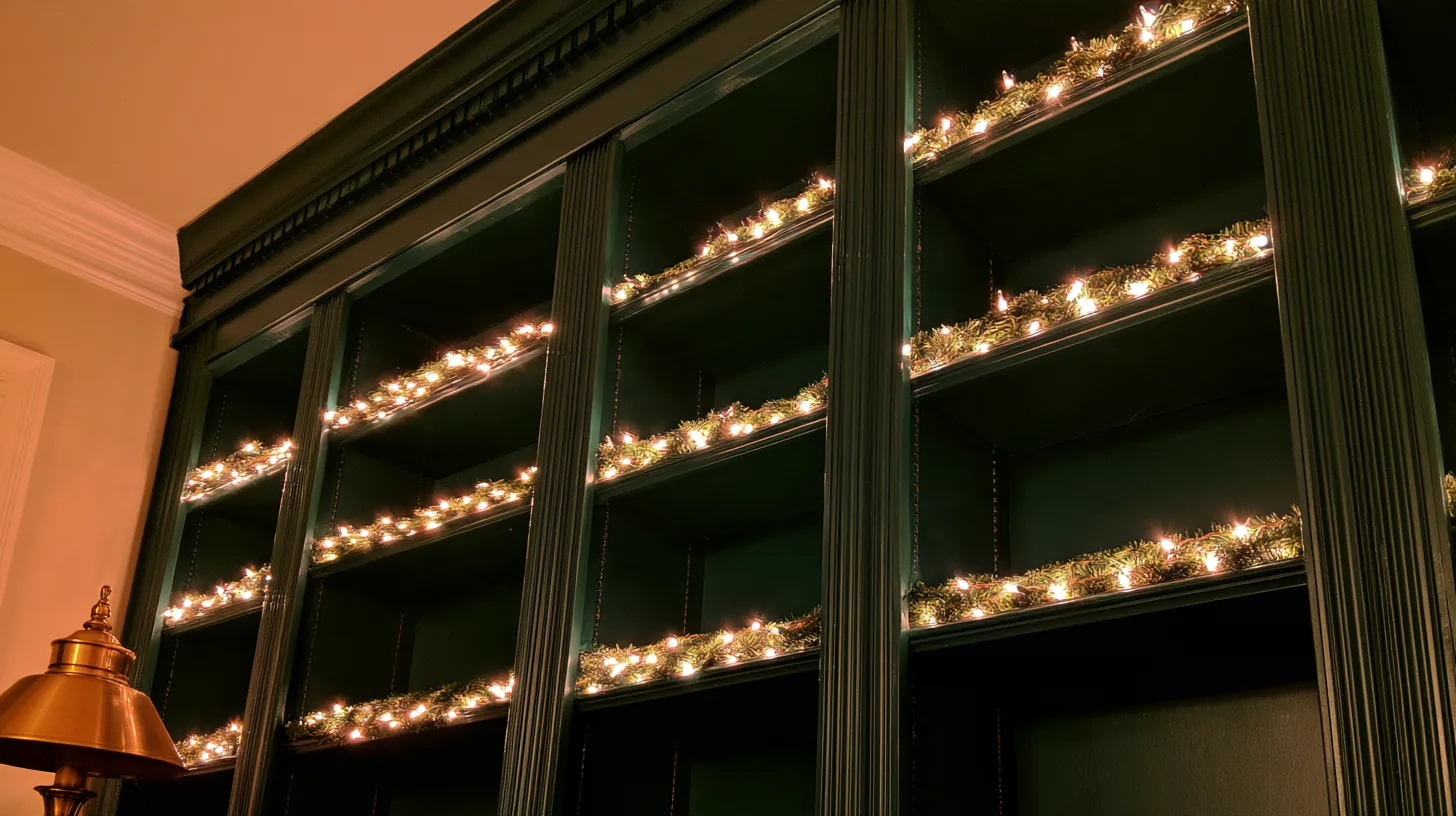 Bookshelves filled with decorative lights and greenery, creating a cozy and festive ambiance.