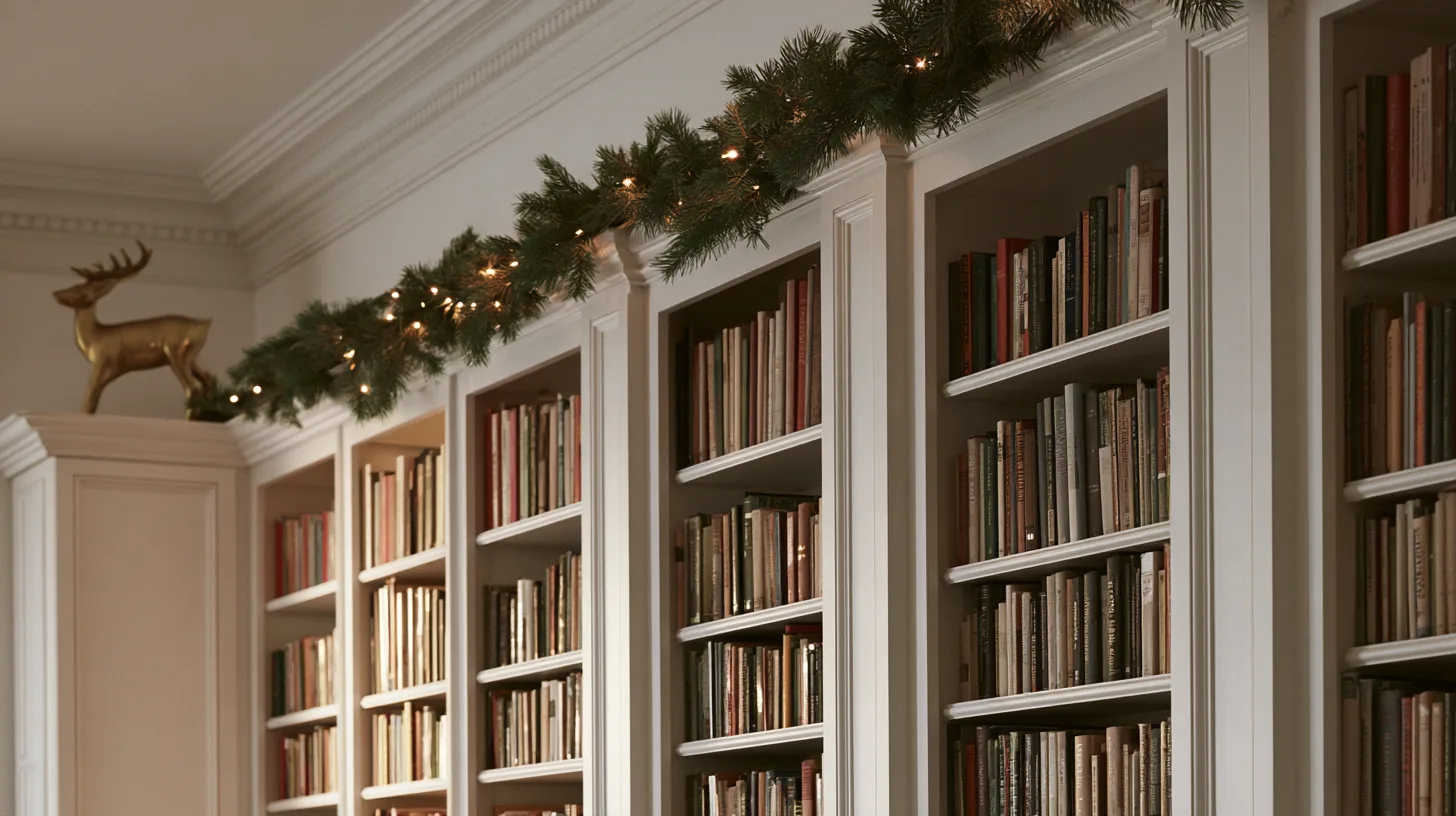 Bookshelves filled with various books, adorned with subtle holiday greenery and soft lighting, creating a warm and inviting atmosphere.
