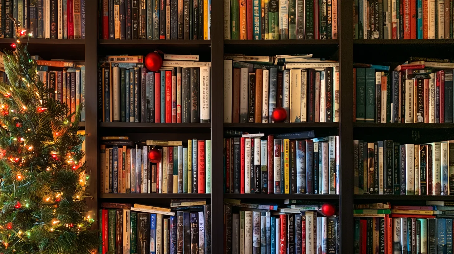 Bookshelves filled with various books and decorated with Christmas ornaments, creating a cozy and festive atmosphere.