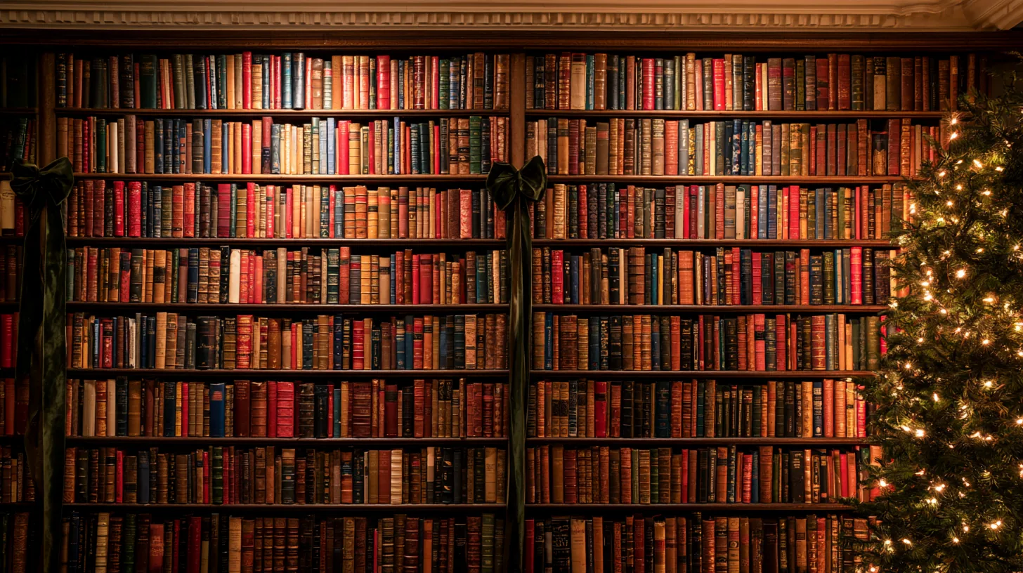 Bookshelves filled with various colored books, accented by soft holiday lights on a nearby tree.