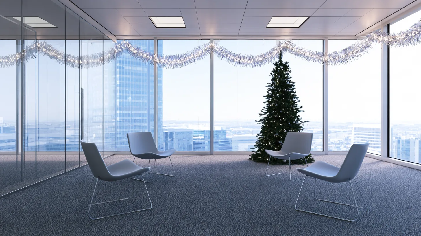 Bright corporate office with a Christmas tree and modern chairs, large windows overlooking a city skyline.