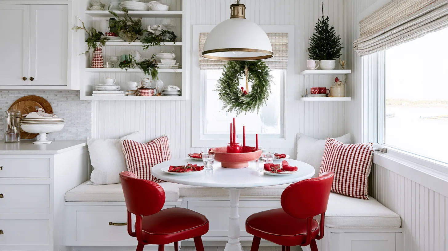 Bright kitchen with red accents, holiday decor, and a round table set for festive gatherings.