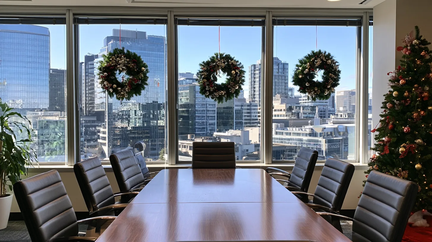 Corporate boardroom with a large wooden table, black chairs, and holiday wreaths hanging in front of large windows overlooking a city skyline.