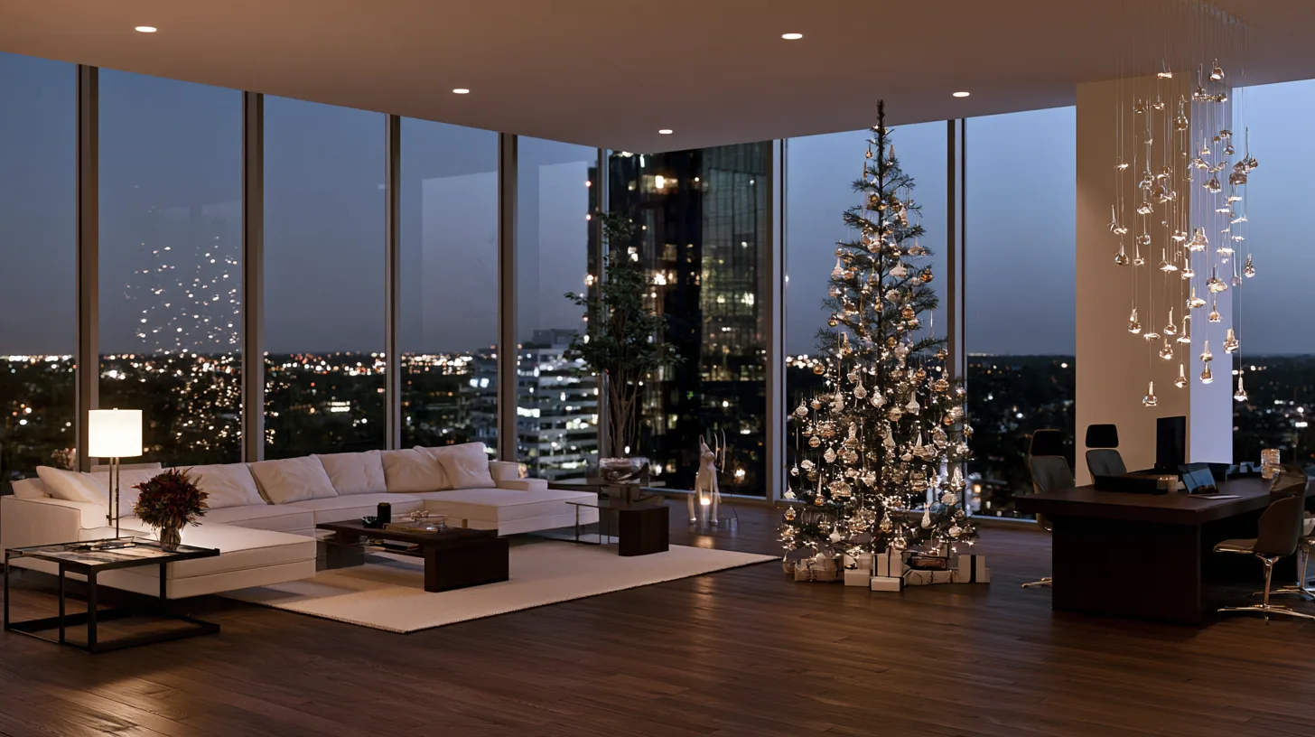 Corporate office interior with a Christmas tree, modern furniture, and large windows showcasing a city skyline at dusk.