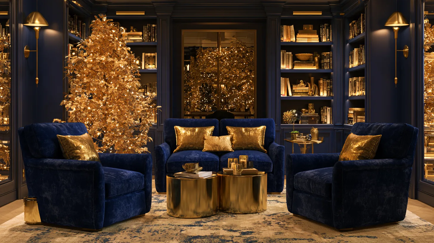 Cozy living room featuring blue chairs, a gold table, and a decorated Christmas tree in the background.