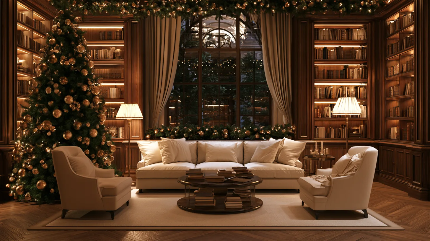 Cozy living room featuring a Christmas tree, bookshelves, and elegant seating, designed for a warm atmosphere.