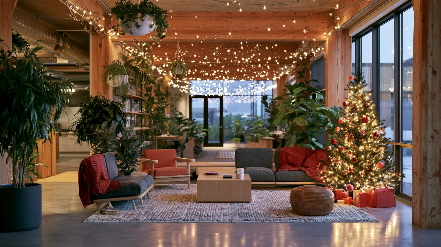 A cozy living room featuring a Christmas tree, festive decorations, and comfortable seating surrounded by plants and warm lighting.