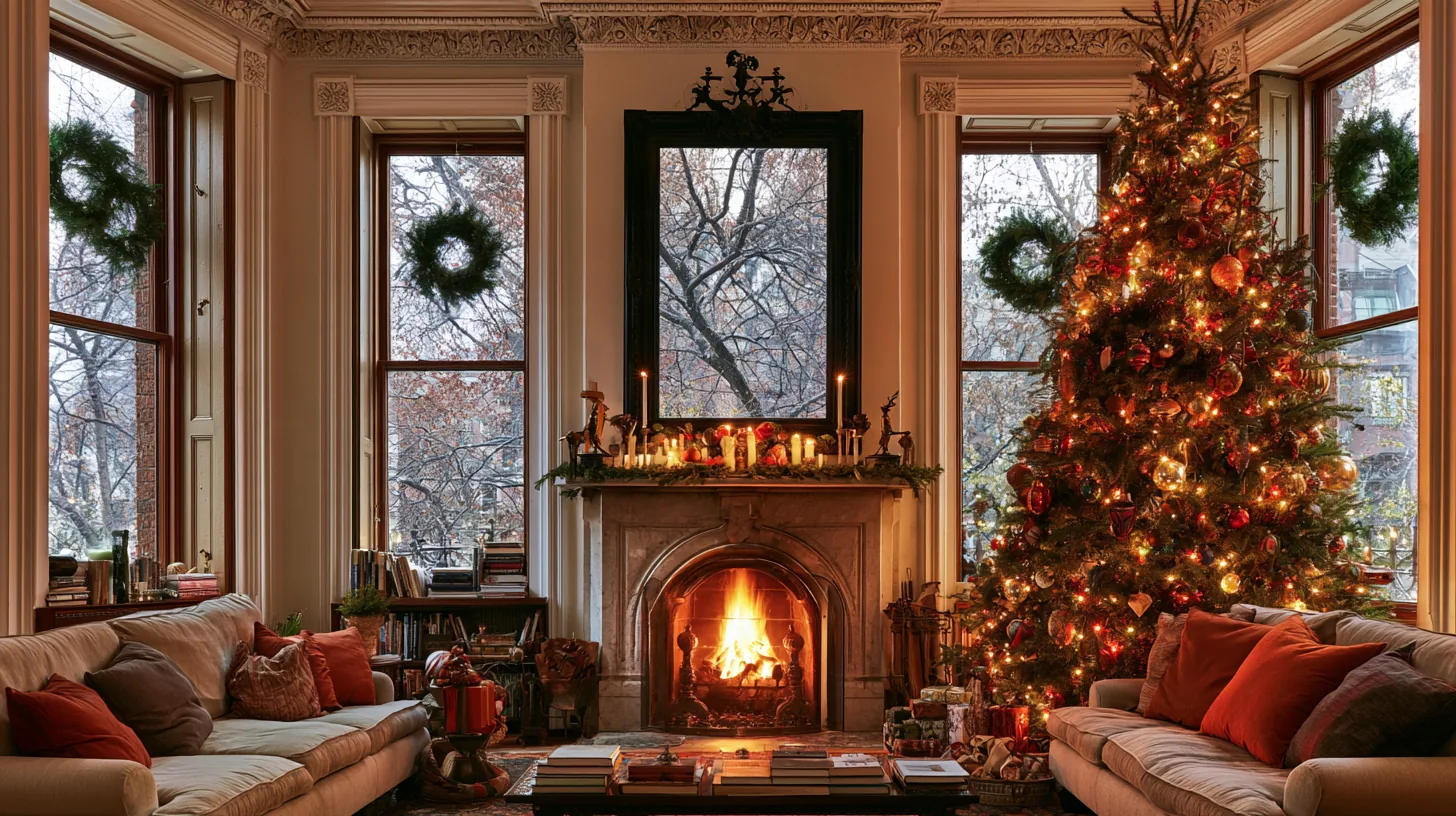 A cozy living room with a Christmas tree, fireplace, and festive decorations, creating a warm atmosphere.