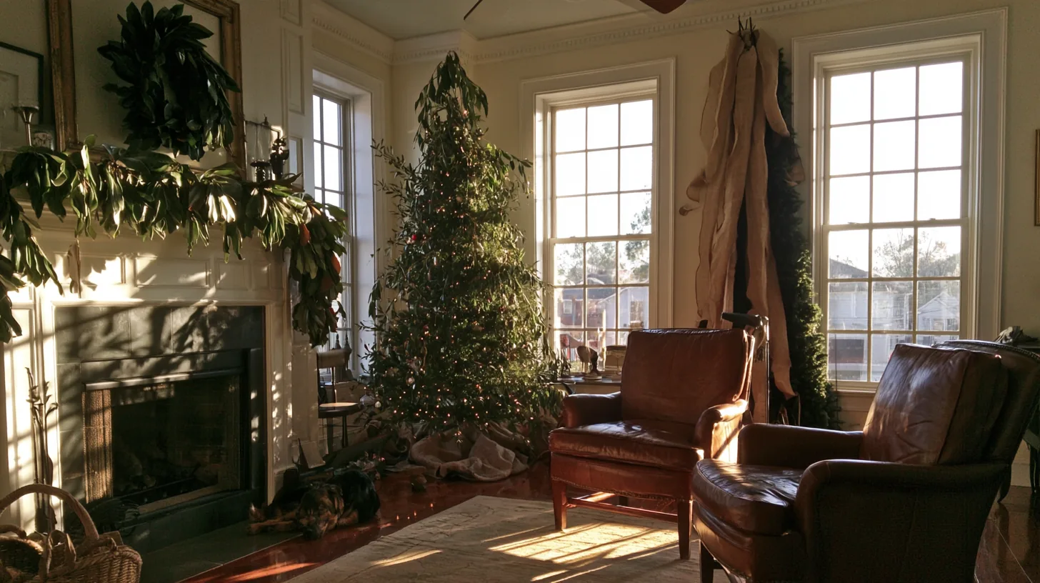 Cozy living room with a Christmas tree, leather chairs, and large windows allowing natural light.
