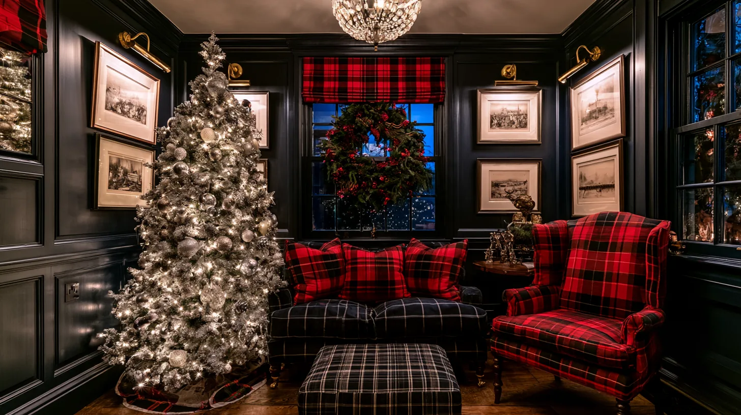 Cozy living room featuring a Christmas tree, plaid furniture, and holiday decorations.
