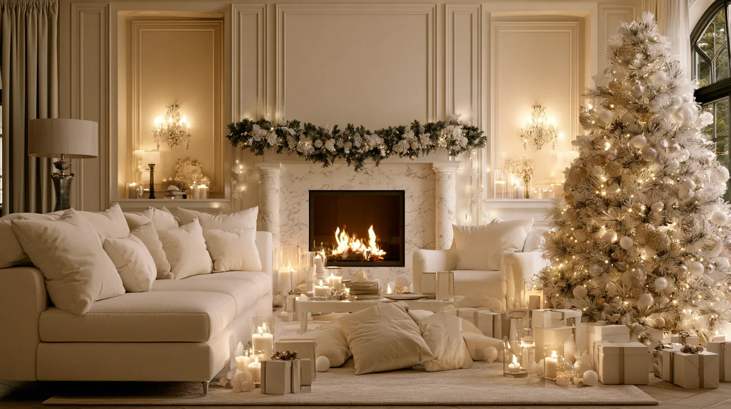 Cozy living room featuring a Christmas tree, soft seating, and warm lighting, perfect for a festive atmosphere.