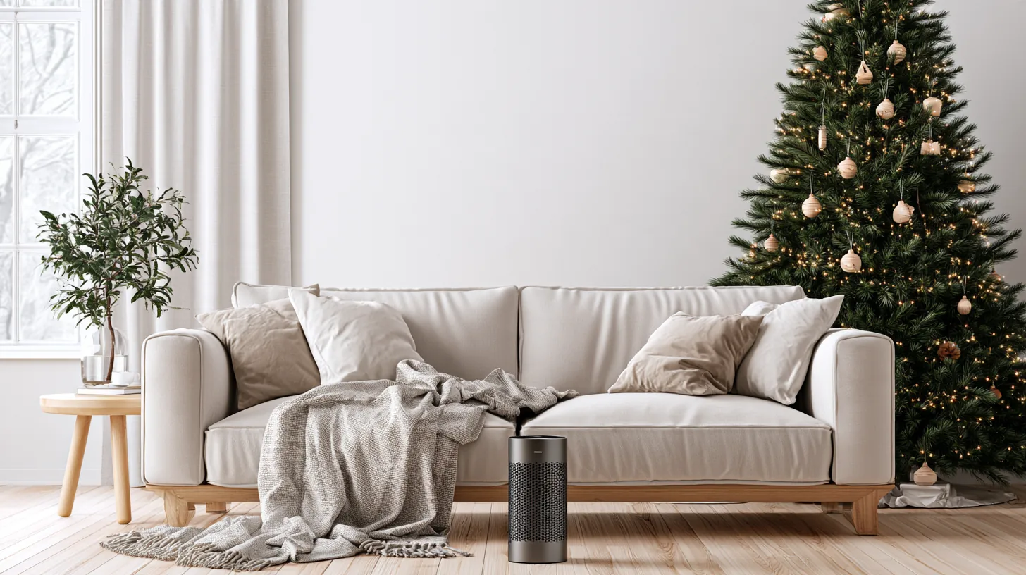 A cozy living room featuring a Christmas tree, soft sofa, and decorative pillows, ideal for a festive setting.