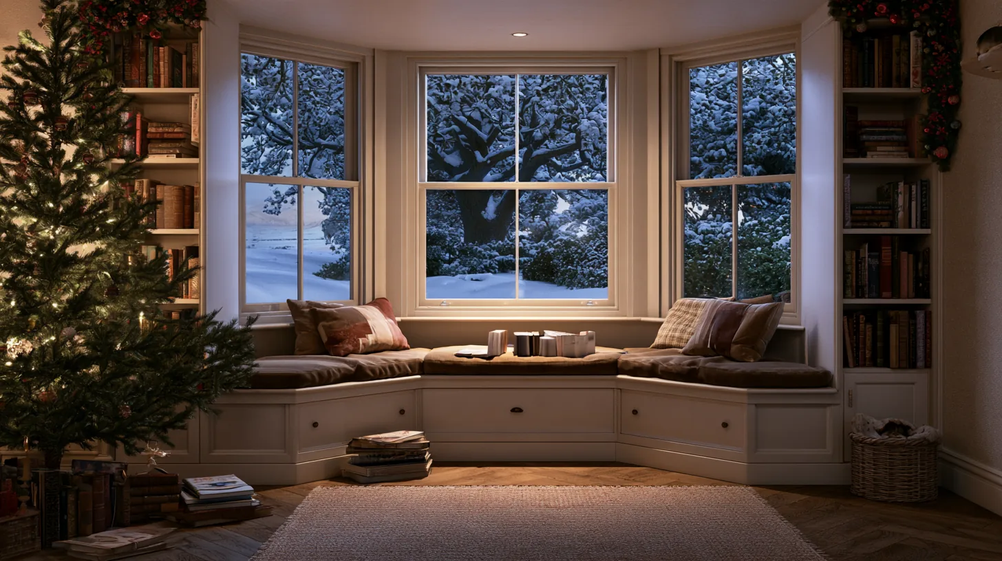 Cozy living room with a Christmas tree, window views of snow, and comfortable seating.