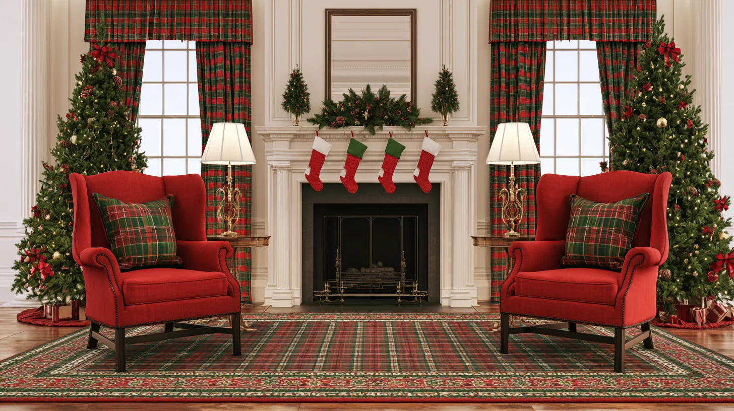 A cozy living room decorated for Christmas with red armchairs, stockings, and a festive rug.