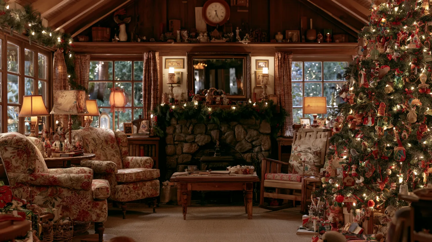 A cozy living room decorated for Christmas with a tree, floral armchairs, and warm lighting.