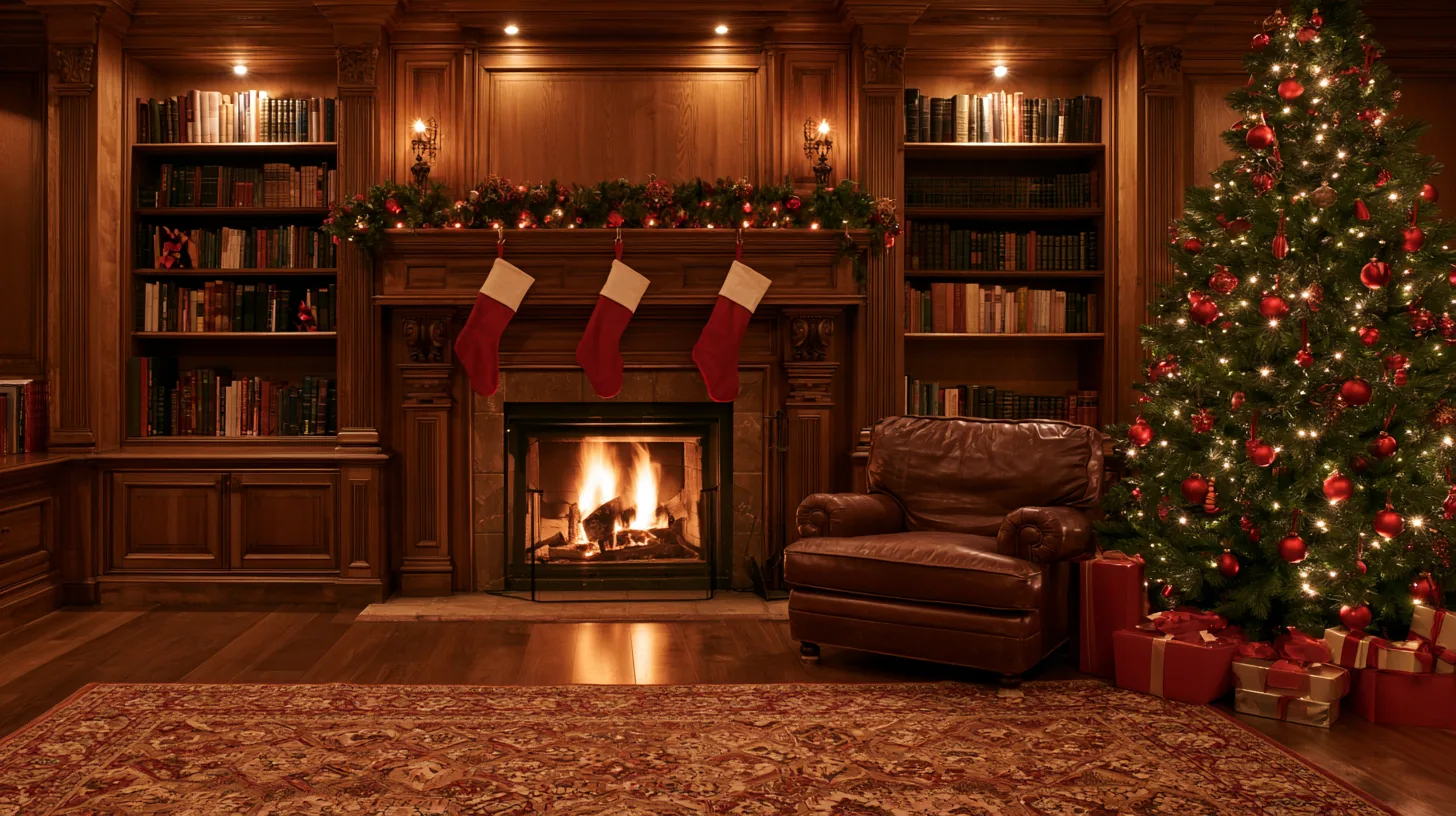 Cozy living room with a fireplace, Christmas tree, and stockings, featuring warm lighting and rich wood accents.