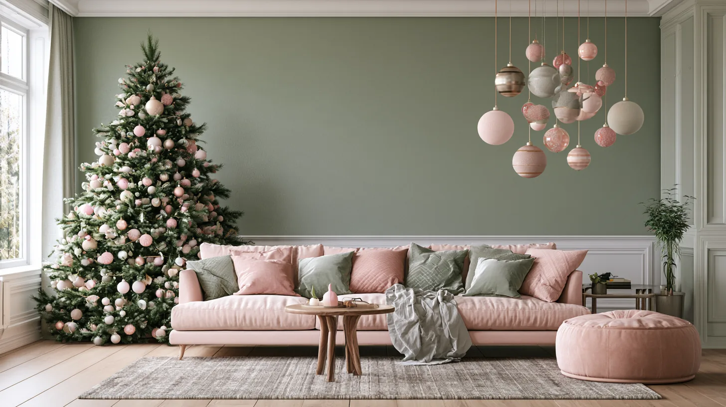 A cozy living room featuring a pink sofa, a Christmas tree adorned with ornaments, and soft lighting.