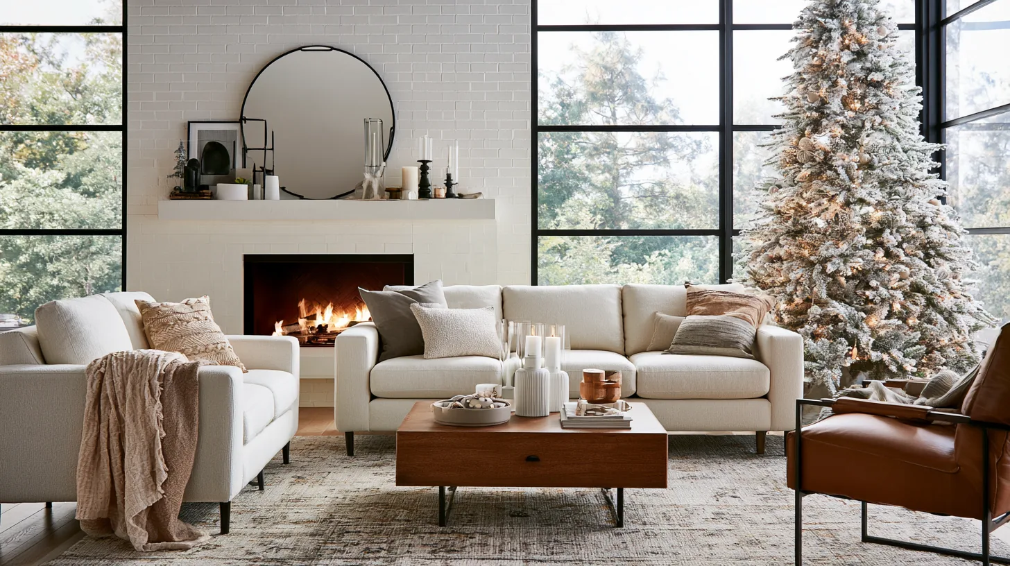 Cozy living room with a white sofa, coffee table, and a decorated Christmas tree by a fireplace.