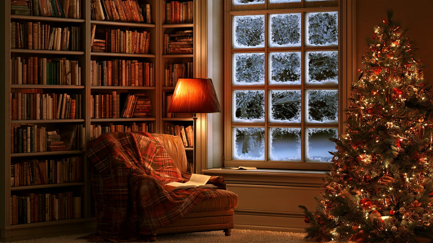 A cozy reading nook with bookshelves, a Christmas tree, and a window showing snow outside.