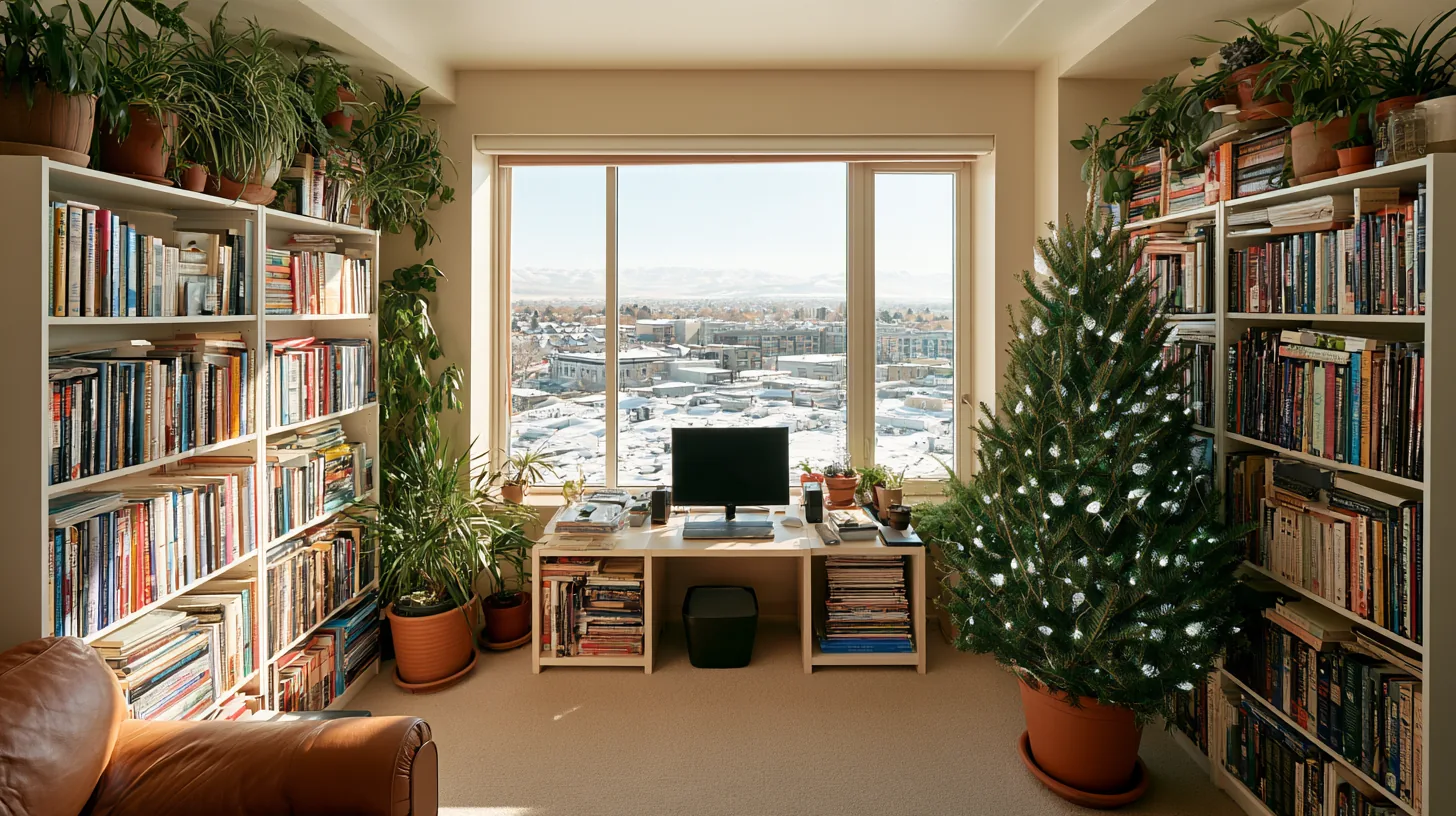 Cozy room with bookshelves, a Christmas tree, and a view of a snowy landscape outside the window.